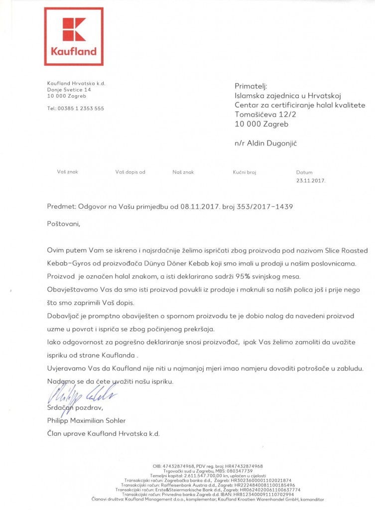 Priopćenje Kaufland Hravtska d.d.